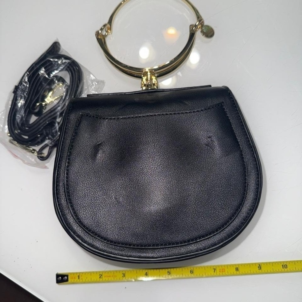 Black Half Moon Crossbody Bag Gold Ring Handle Minimalist Shoulder Bag - Picture 3 of 6